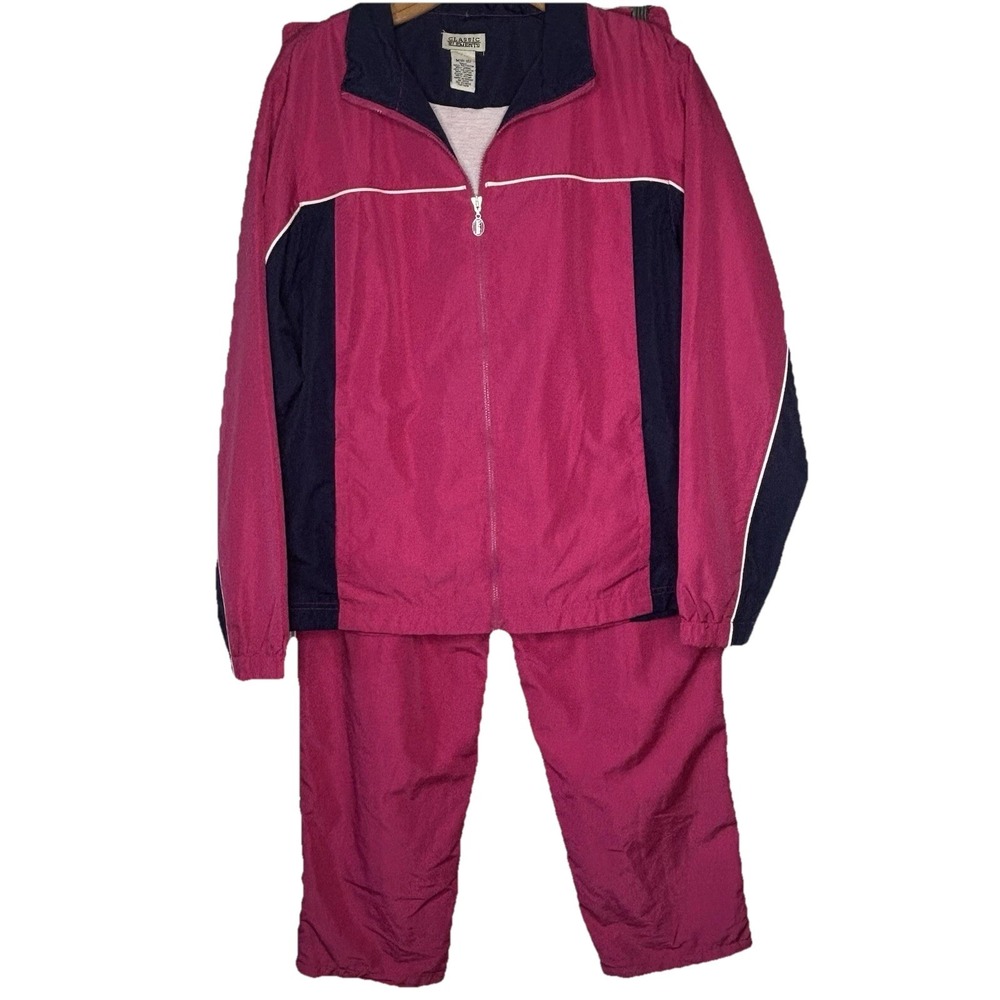 Vtg Classic Elements 2-pc Track Suit Set Med Pink Navy Zip Jacket Pants Y2K